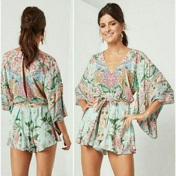 Spell Gypsy Romper L Boho Floral Lotus Kimono Peacock Belted Keyhole Festival - Picture 1 of 10
